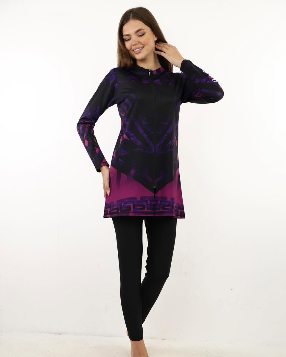 مايوة "Purple &amp; Black Print" محتشم و مريح| TOBAY