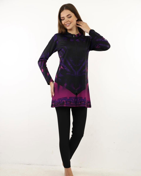 مايوة "Purple &amp; Black Print" محتشم و مريح| TOBAY